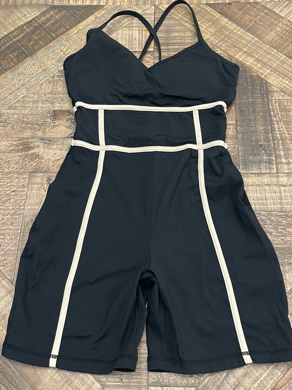 Black Sleeveless Strappy Jumpsuit with Cream Piping